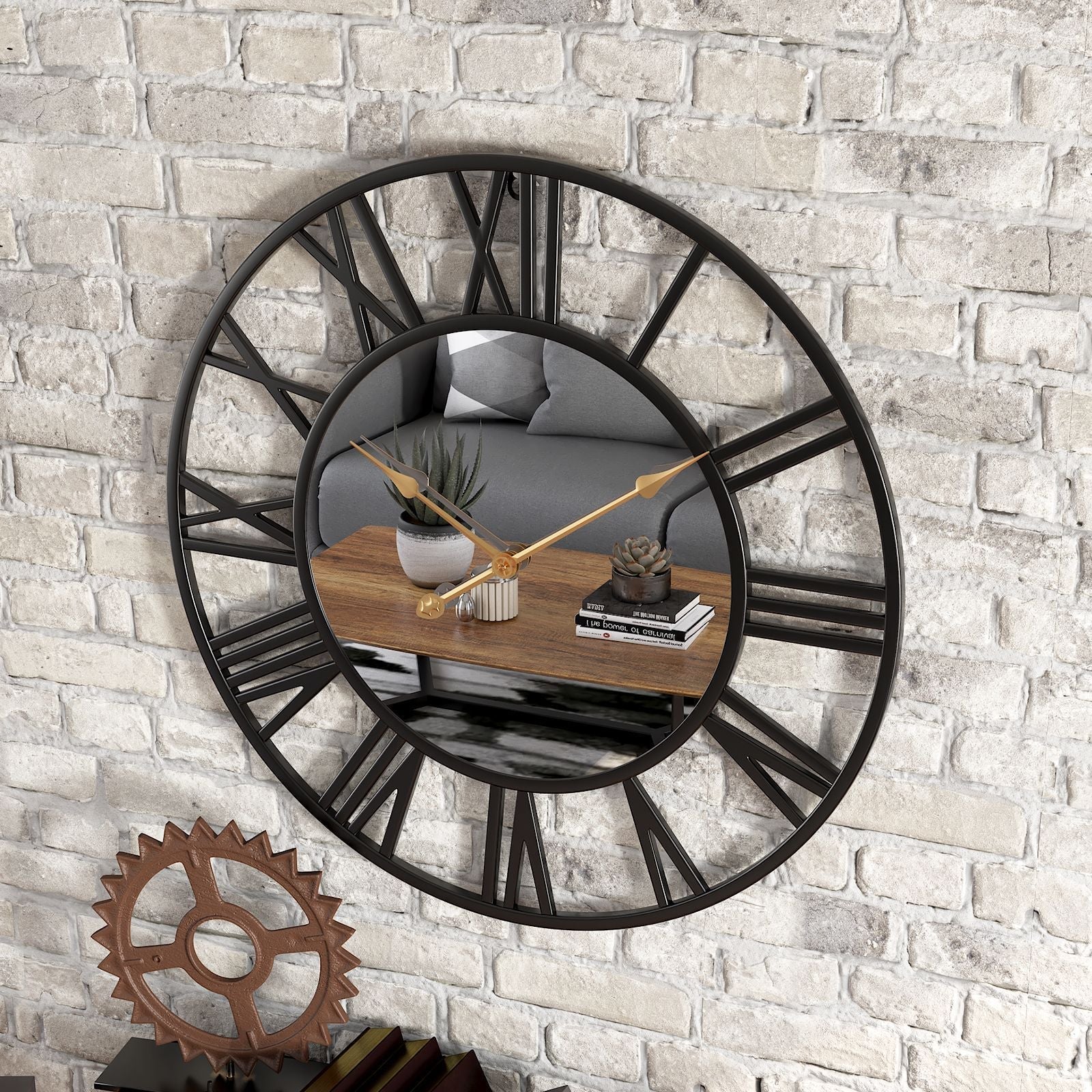 VierraSol | Reloj de Pared Grande Vintage de Metal con Espejo de 39cm