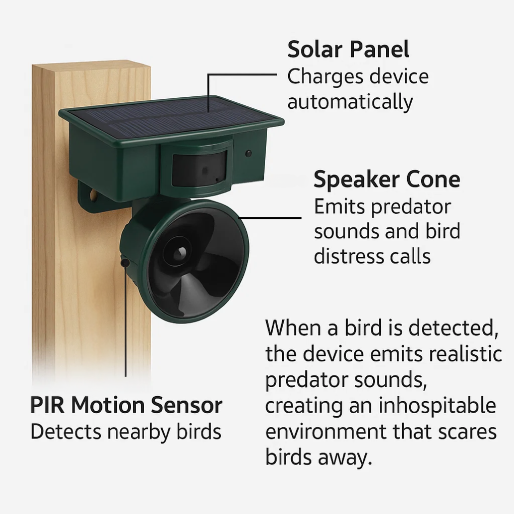 VierraSol | Repelente Solar de Aves con Sensor de Movimiento y Sonido