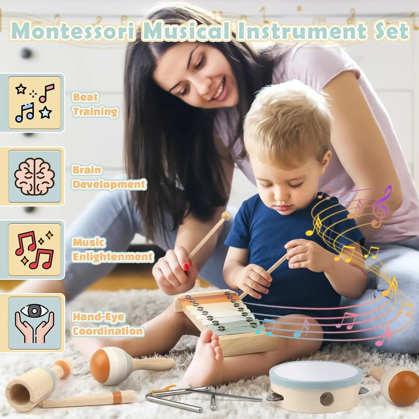 VierraSol | Set de Instrumentos Musicales de Madera Montessori para Niños Pequeños - Xilófono Afinado Profesionalmente, Maracas y más - Regalo Educativo para Niños en Edad Preescolar