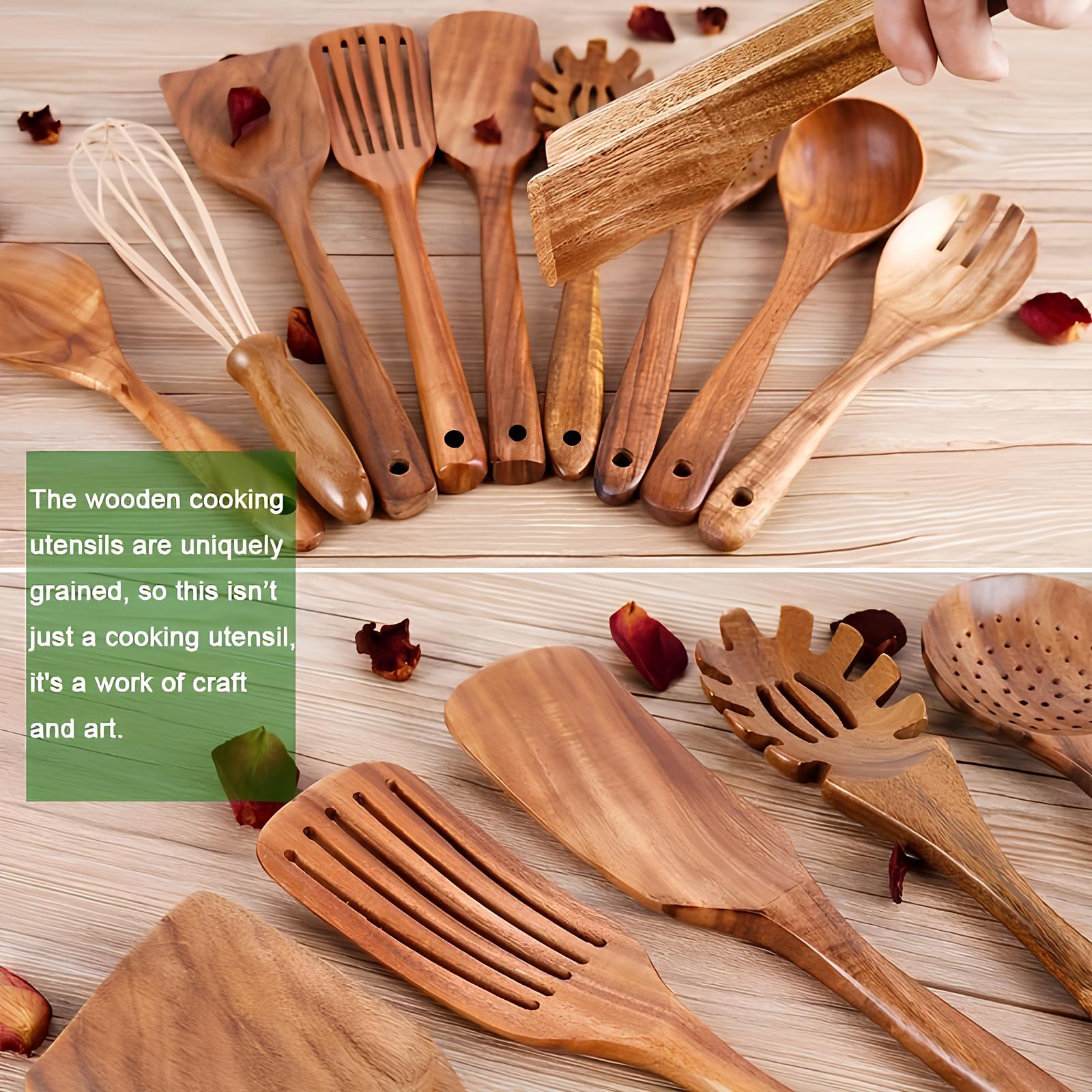 VierraSol | Set de Utensilios de Cocina de Teak de 11 Piezas | Con Soporte | Madera Natural