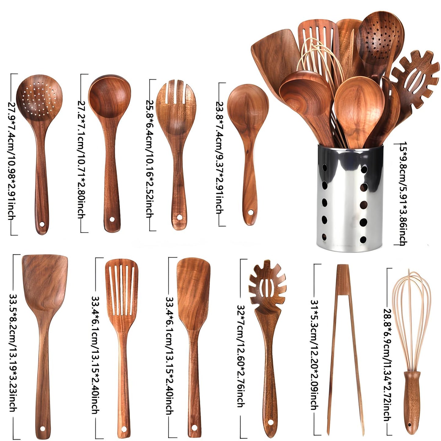 VierraSol | Set de Utensilios de Cocina de Teak de 11 Piezas | Con Soporte | Madera Natural