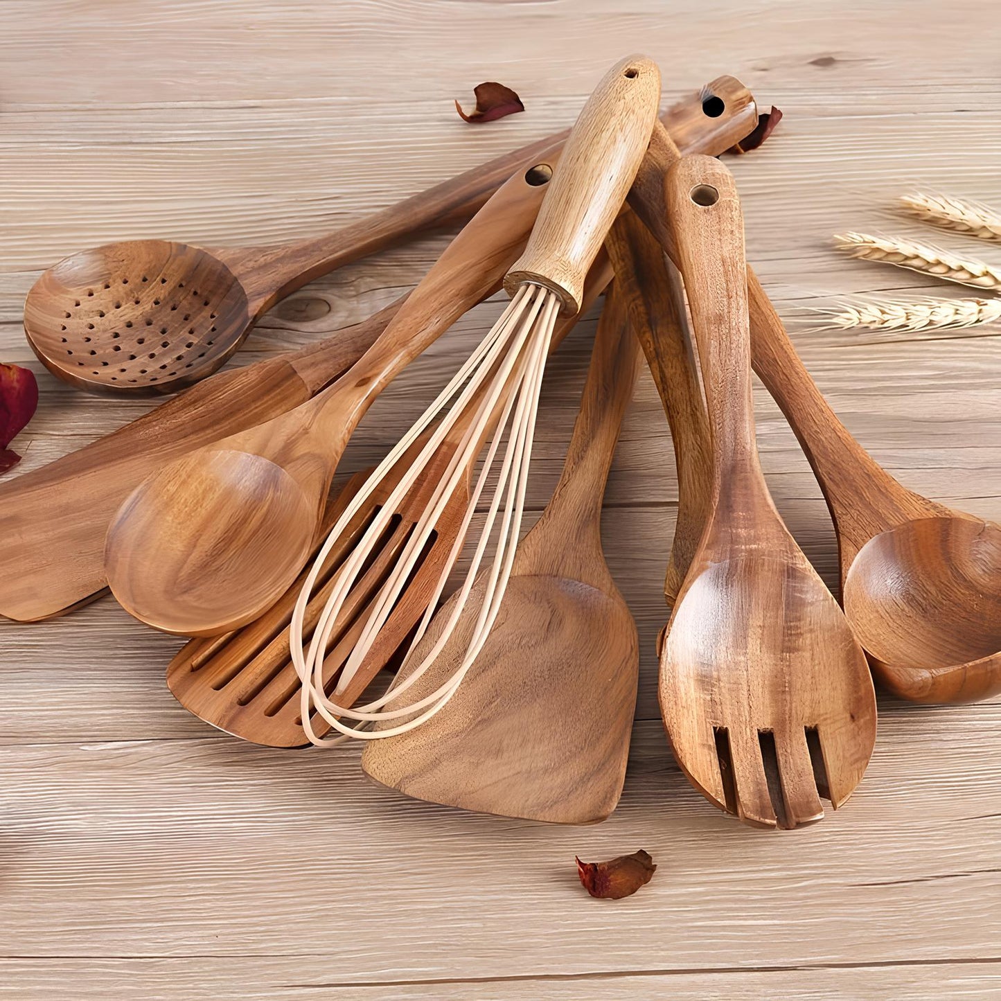 VierraSol | Set de Utensilios de Cocina de Teak de 11 Piezas | Con Soporte | Madera Natural