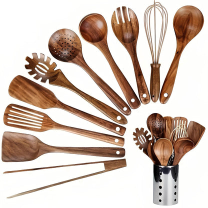 VierraSol | Set de Utensilios de Cocina de Teak de 11 Piezas | Con Soporte | Madera Natural