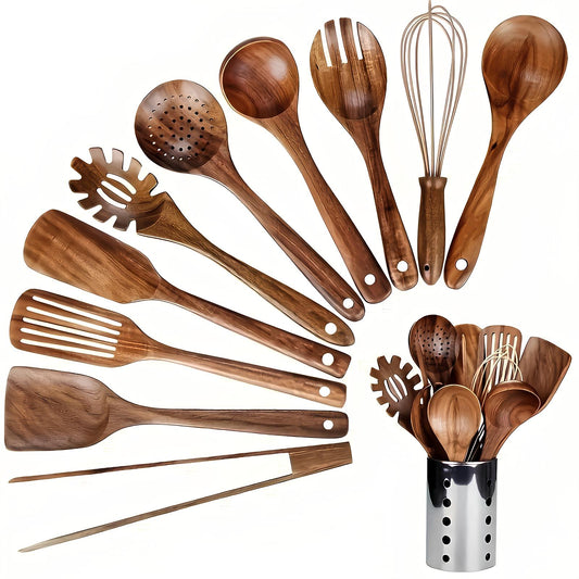 VierraSol | Set de Utensilios de Cocina de Teak de 11 Piezas | Con Soporte | Madera Natural
