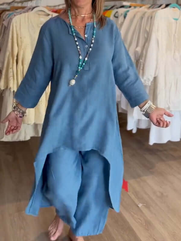 VierraSol | Traje de Lino para Mujeres con Dobladillo Asimétrico