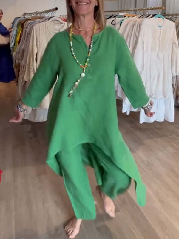 VierraSol | Traje de Lino para Mujeres con Dobladillo Asimétrico