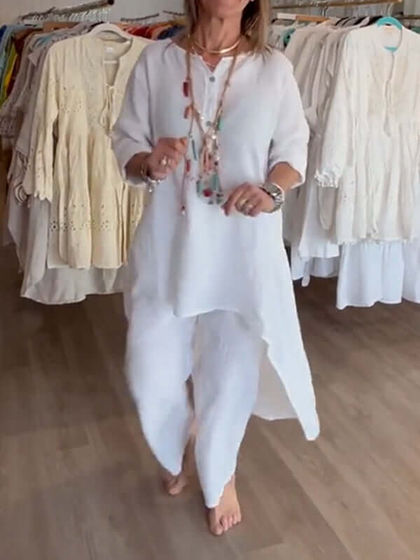 VierraSol | Traje de Lino para Mujeres con Dobladillo Asimétrico
