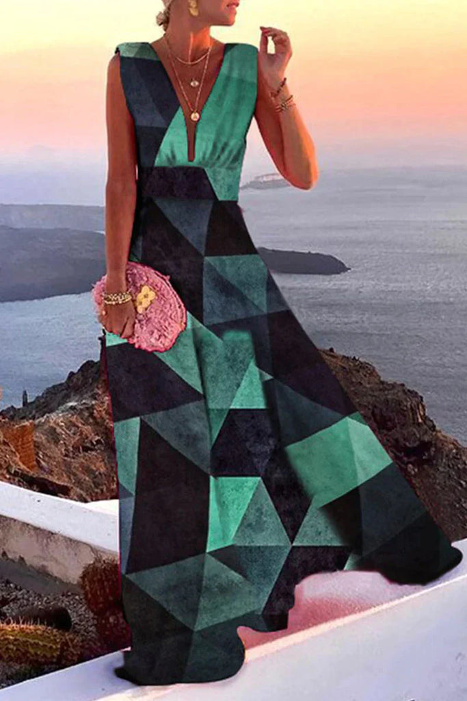 VierraSol | Vestido Maxi de Cuello en V para Mujer con Estampado Geométrico