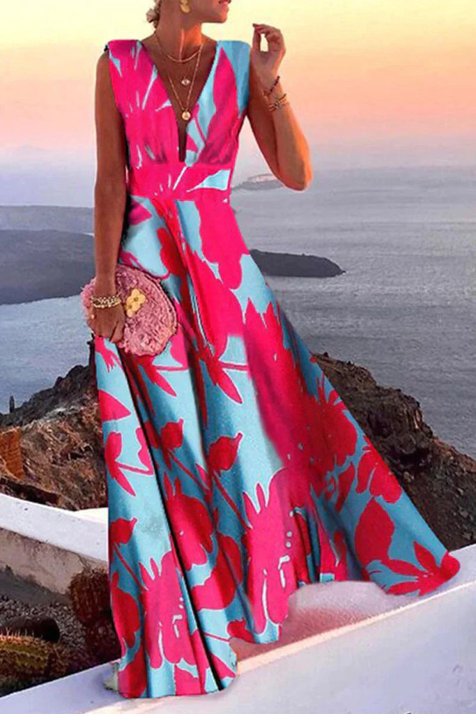 VierraSol | Vestido Maxi de Cuello en V para Mujer con Estampado Geométrico