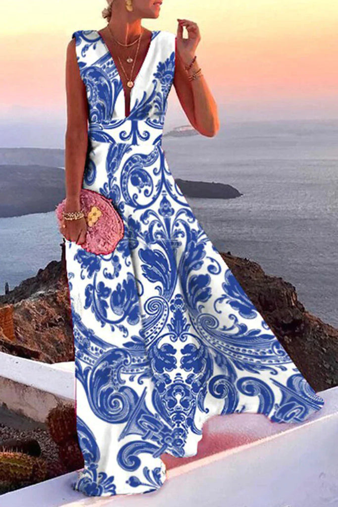 VierraSol | Vestido Maxi de Cuello en V para Mujer con Estampado Geométrico