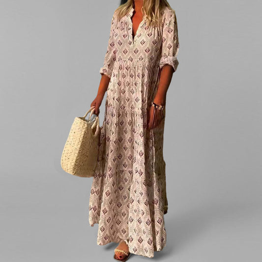 VierraSol | Vestido Maxi de Mujer con Volantes, Escote en V y Estampado Boho