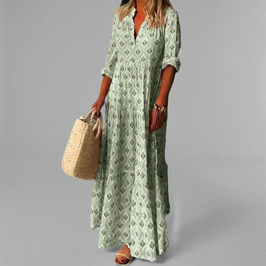 VierraSol | Vestido Maxi de Mujer con Volantes, Escote en V y Estampado Boho