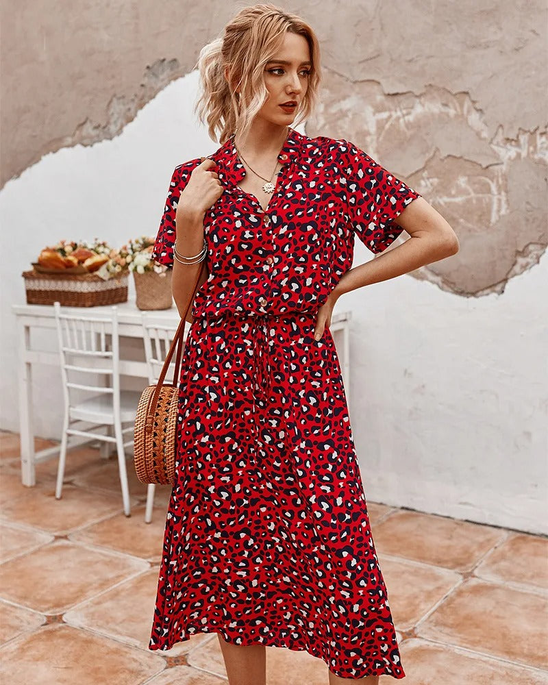 VierraSol | Vestido Midi de Camisa con Estampado para Mujer y Cintura Ajustable