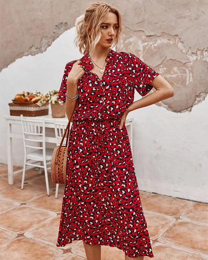 VierraSol | Vestido Midi de Camisa con Estampado para Mujer y Cintura Ajustable