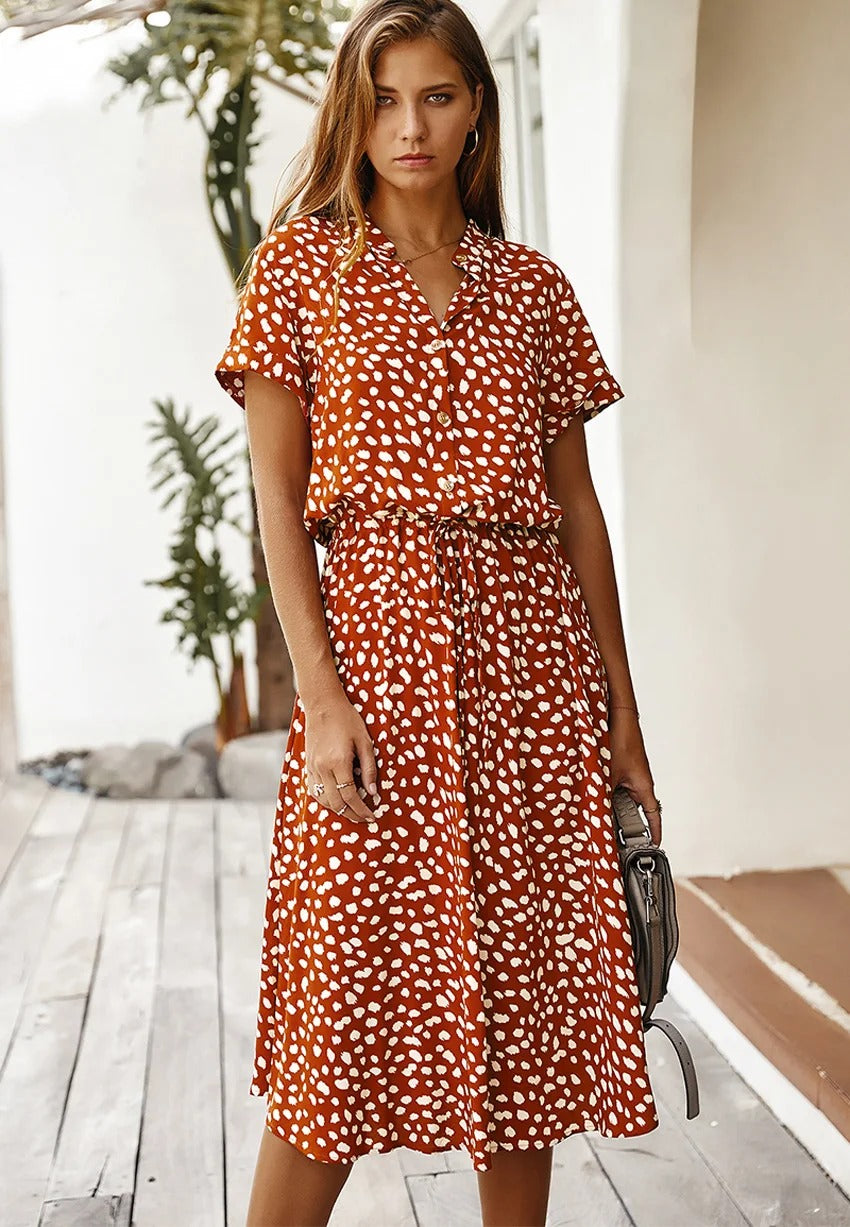 VierraSol | Vestido Midi de Camisa con Estampado para Mujer y Cintura Ajustable