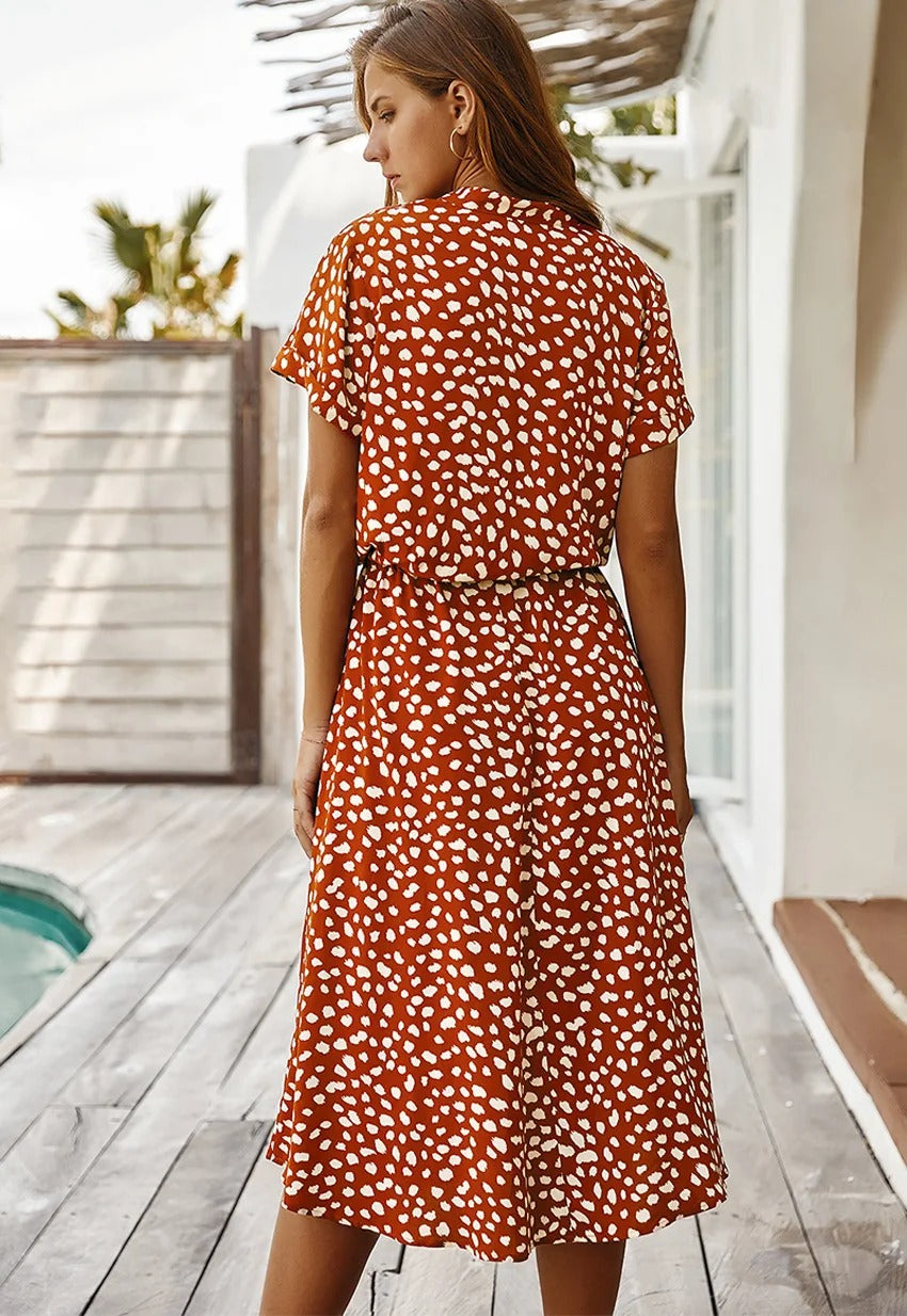 VierraSol | Vestido Midi de Camisa con Estampado para Mujer y Cintura Ajustable
