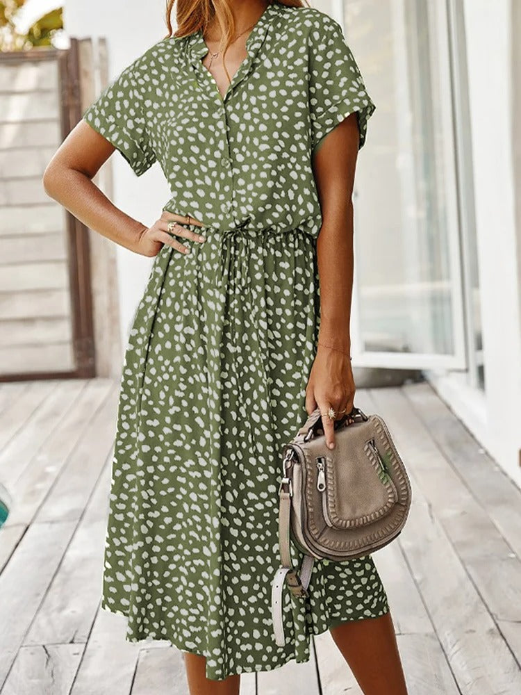 VierraSol | Vestido Midi de Camisa con Estampado para Mujer y Cintura Ajustable