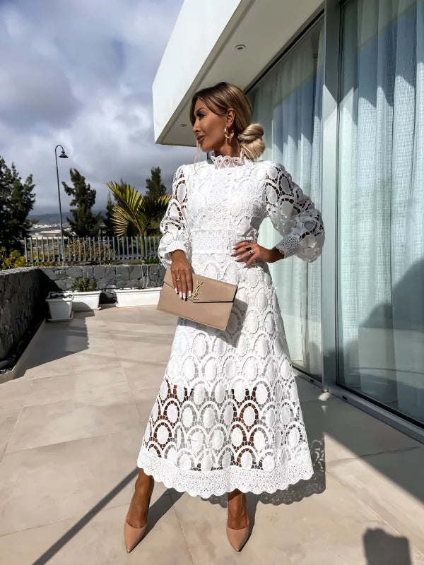 VierraSol | Vestido Midi de Encaje para Mujer con Cuello Alto