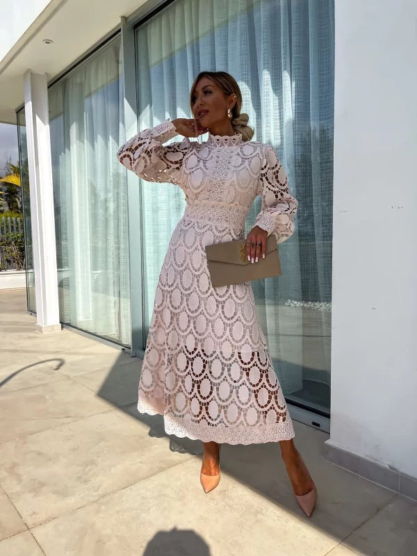 VierraSol | Vestido Midi de Encaje para Mujer con Cuello Alto