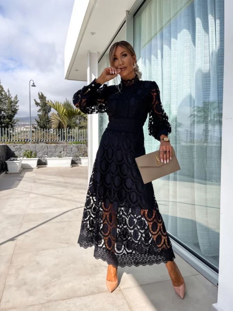 VierraSol | Vestido Midi de Encaje para Mujer con Cuello Alto