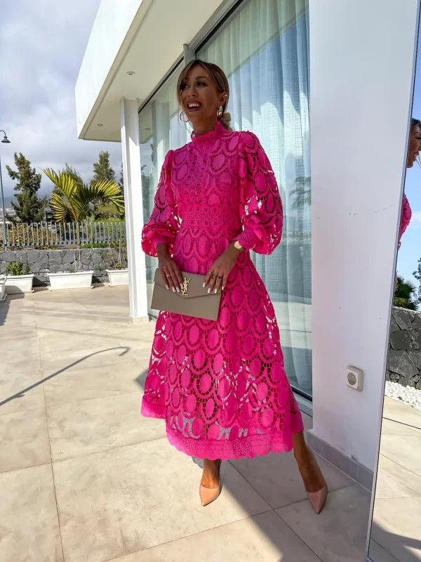 VierraSol | Vestido Midi de Encaje para Mujer con Cuello Alto