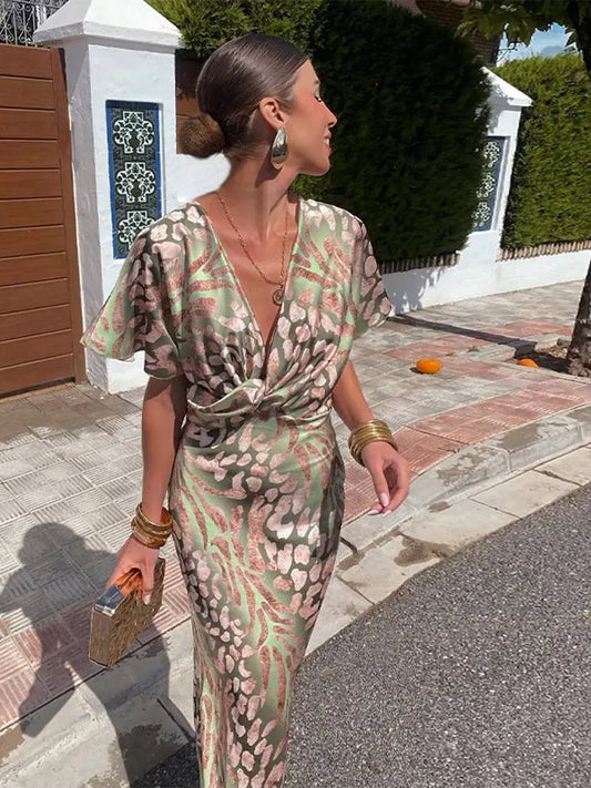 VierraSol | Vestido Midi de Mujer con Escote en V y Detalle de Nudo