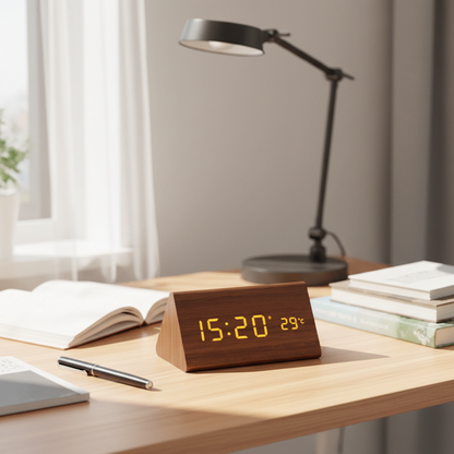 WOODSENSE – Reloj de Madera LED con Control por Voz para una Exhibición de Tiempo Elegante