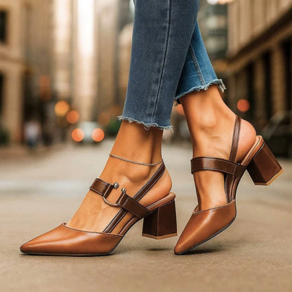 Zapatos de salón destalonados para mujer con puntera puntiaguda, tacón ancho y tira con hebilla