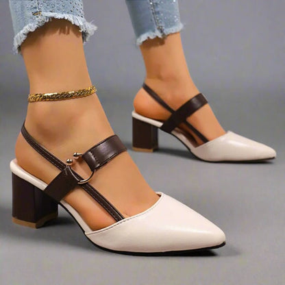 Zapatos de salón destalonados para mujer con puntera puntiaguda, tacón ancho y tira con hebilla