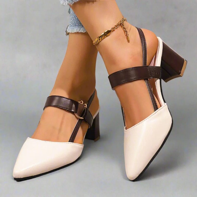 Zapatos de salón destalonados para mujer con puntera puntiaguda, tacón ancho y tira con hebilla
