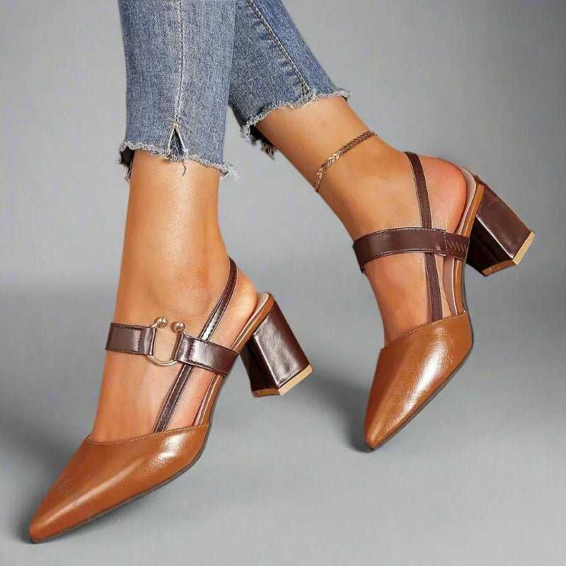 Zapatos de salón destalonados para mujer con puntera puntiaguda, tacón ancho y tira con hebilla