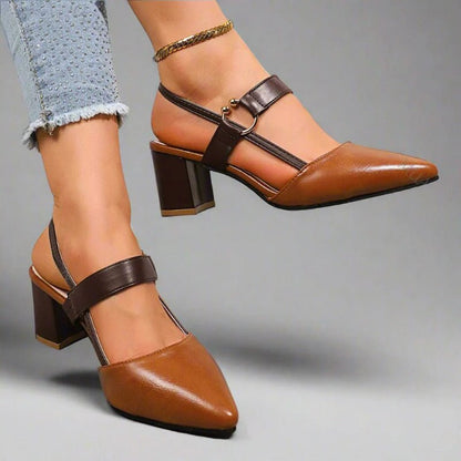 Zapatos de salón destalonados para mujer con puntera puntiaguda, tacón ancho y tira con hebilla
