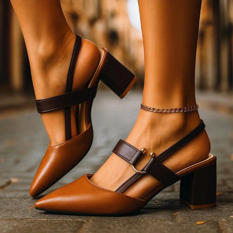 Zapatos de salón destalonados para mujer con puntera puntiaguda, tacón ancho y tira con hebilla