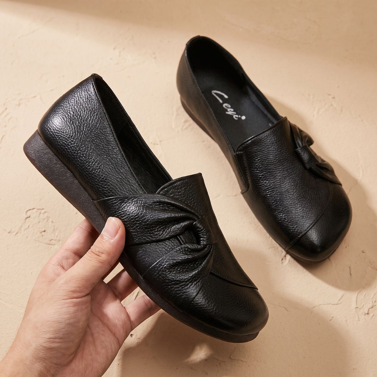 Zapatos planos ortopédicos de cuero para mujer sin cordones con detalle de lazo